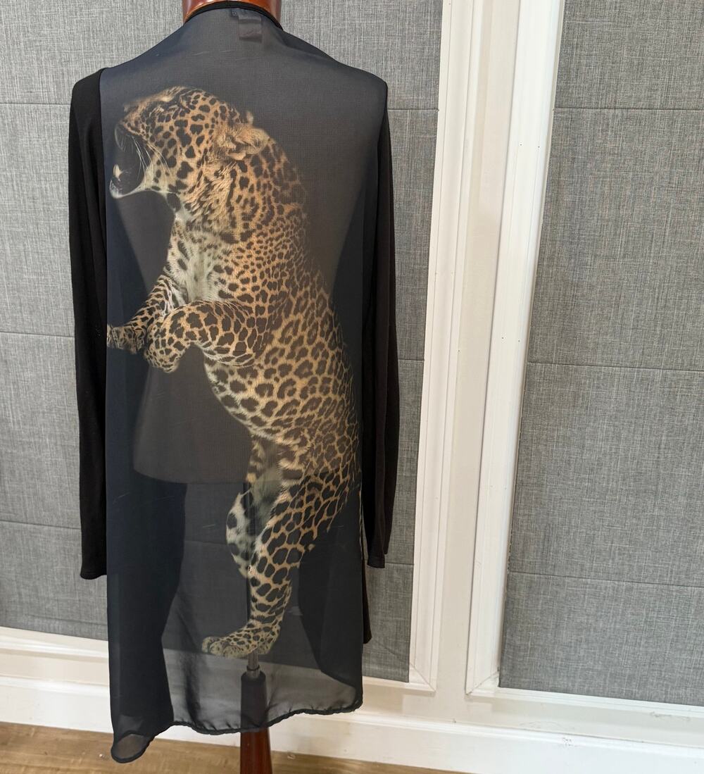 Zenobia Leopard Kimono Cardigan Duster Size XL Sheer Mesh Back Waterfall